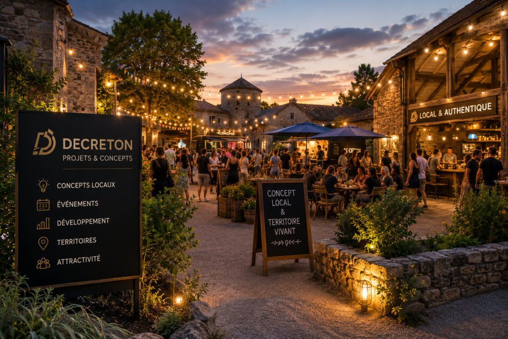 Concept local et événementiel dans un village animé avec ambiance conviviale et attractivité territoriale moderne.