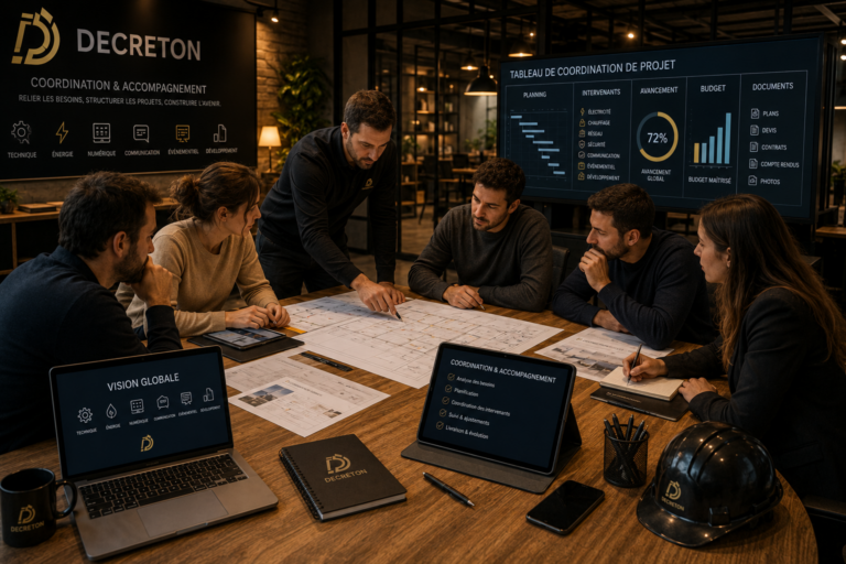 Réunion de coordination de projet avec plans, outils numériques et équipe multidisciplinaire dans un environnement professionnel moderne.