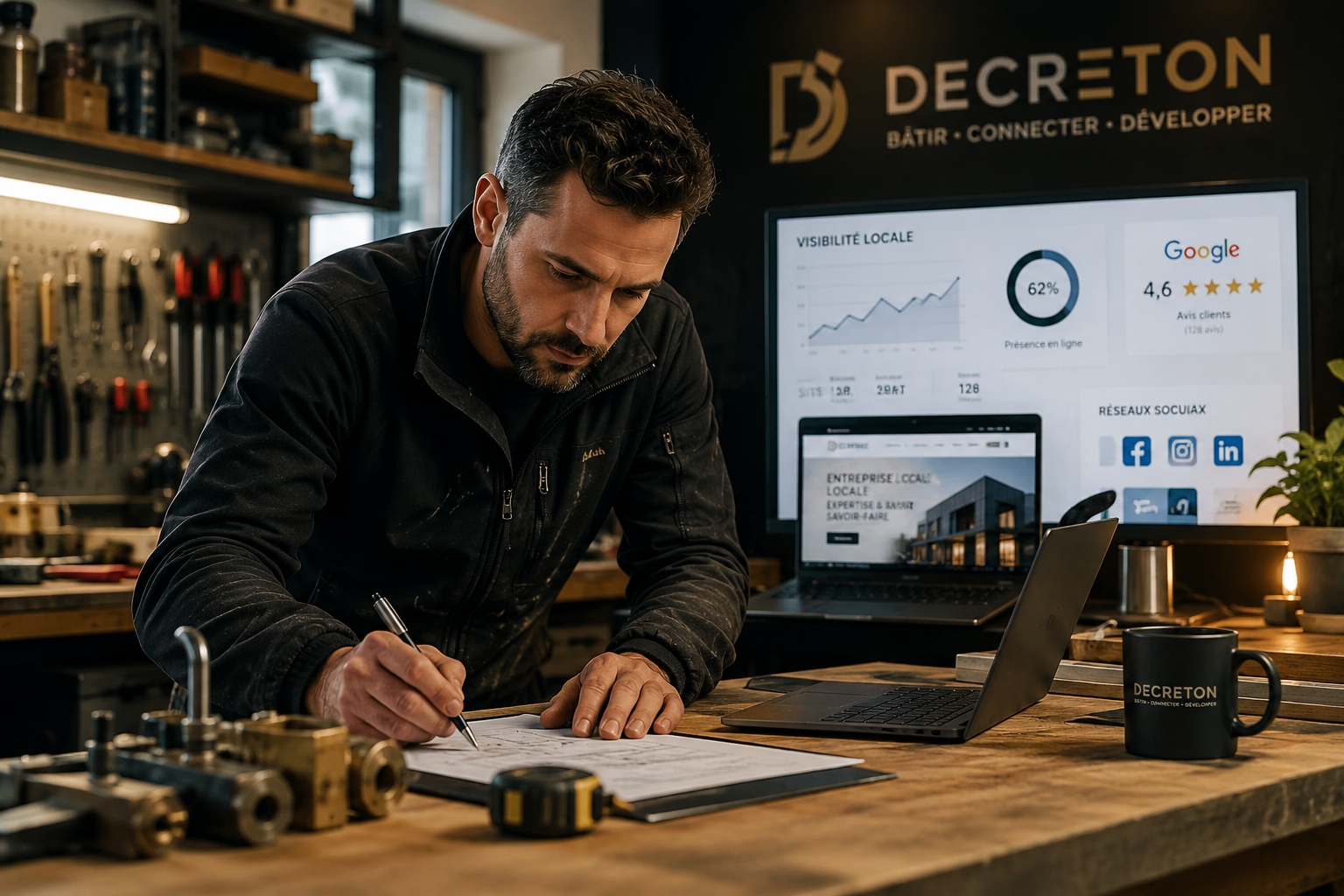 Artisan local travaillant sur le développement et la visibilité de son entreprise avec des outils numériques et une stratégie de communication DECRETON.