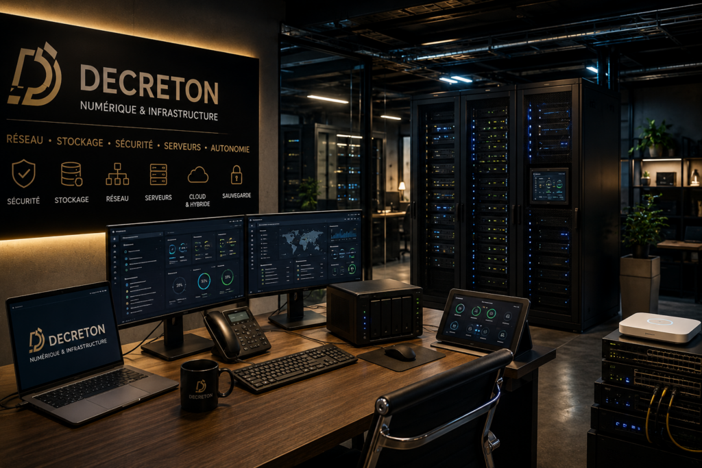 Infrastructure numérique professionnelle avec serveurs, stockage local, réseau sécurisé et espace de supervision DECRETON.