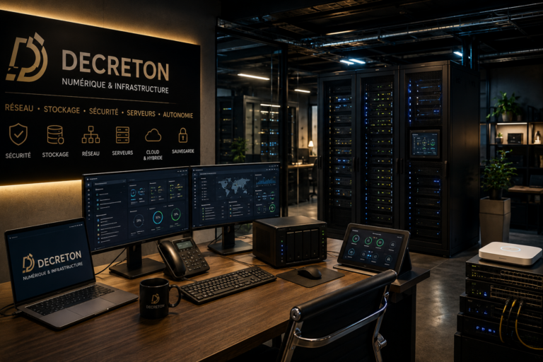 Infrastructure numérique professionnelle avec serveurs, stockage local, réseau sécurisé et espace de supervision DECRETON.