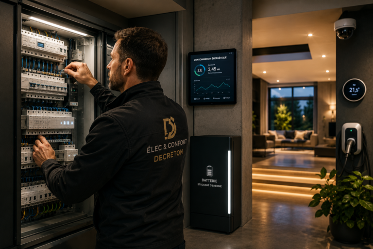 Technicien Élec & Confort intervenant sur une installation électrique moderne dans un bâtiment connecté et optimisé énergétiquement.